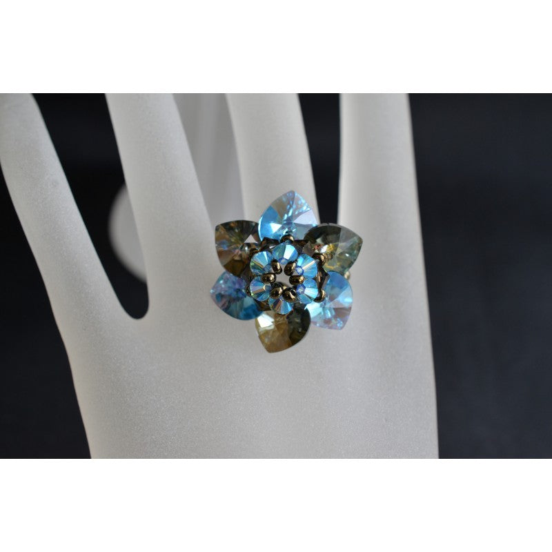Crystal ring, bronze shade flower, aquamarine ab2x