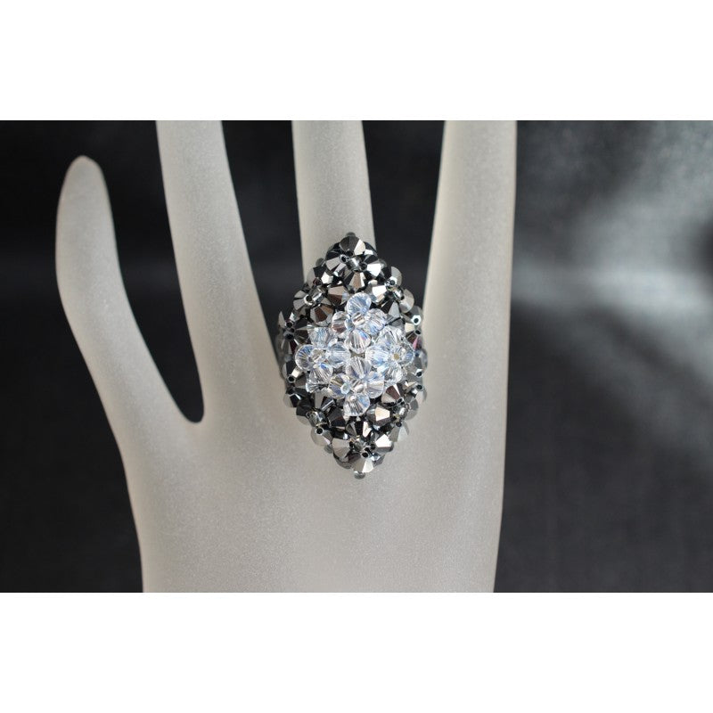Crystal ring, fashion, light chrome 2x, crystal moonlight, marquise ring, women's jewelry, gray and white