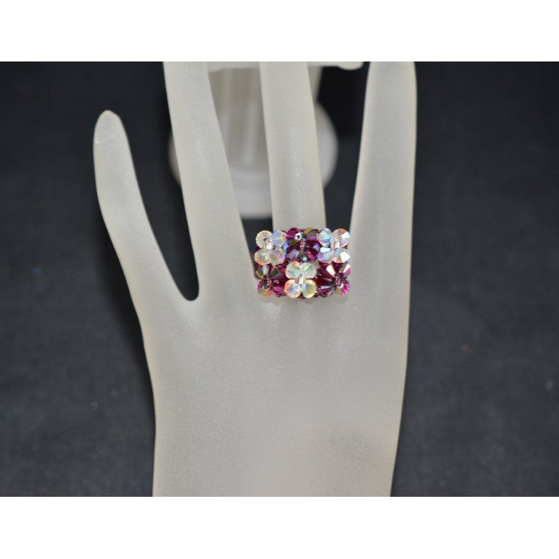 Crystal ring, rectangle, fuschia electra, crystal ab2x