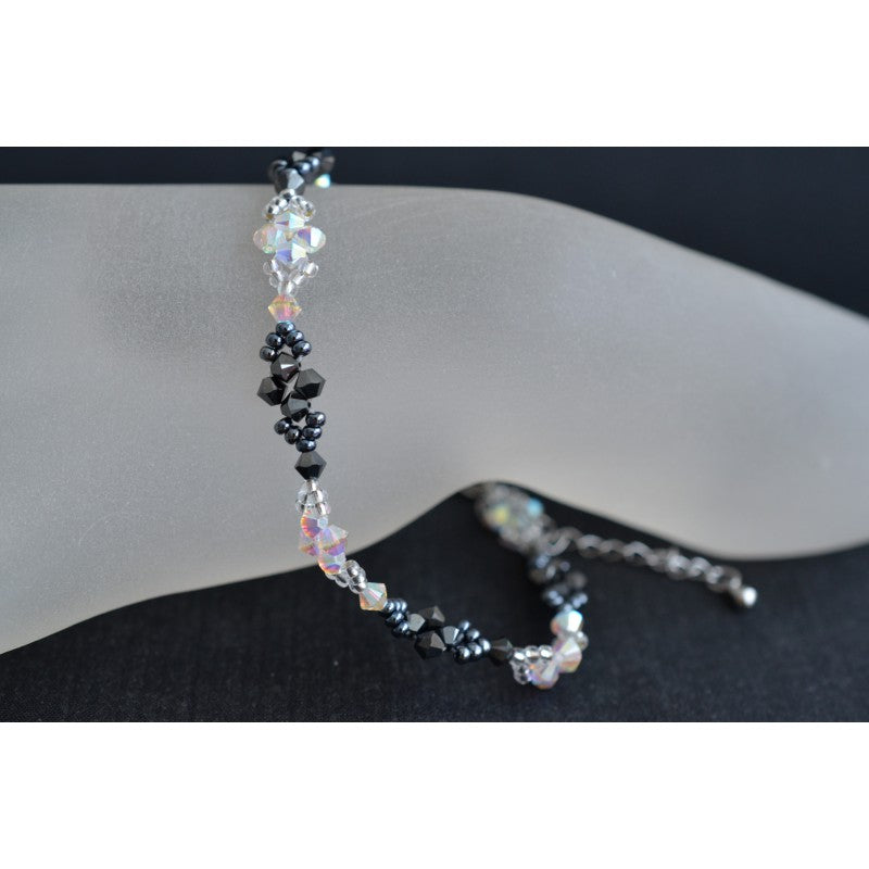Crystal anklet, crystal ab2x, 2x hematite, white and black