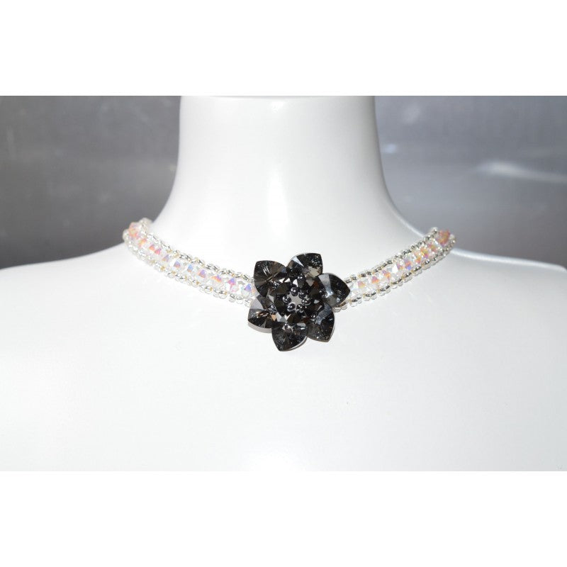 Crystal choker, crystal ab2x, flower, crystal silver night, hematite 2x