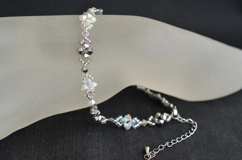 Crystal anklet, ab2x crystal, light chrome 2x, white and silver