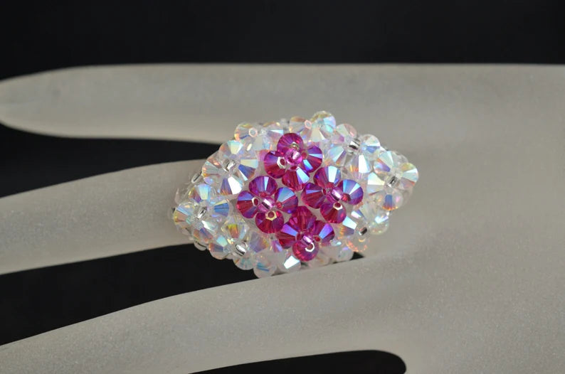 Crystal ring, fuchsia ab2x, crystal ab2x, marquise style