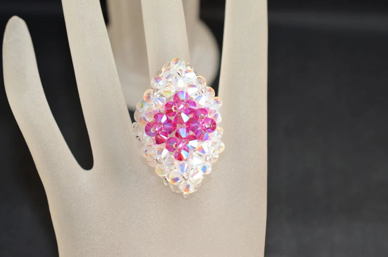 Crystal ring, fuchsia ab2x, crystal ab2x, marquise style