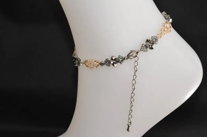 Crystal anklet, light chrome crystal 2x, golden shadow crystal, gold and silver
