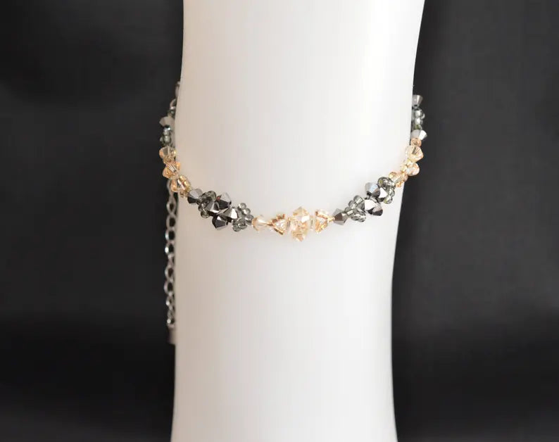 Crystal anklet, light chrome crystal 2x, golden shadow crystal, gold and silver