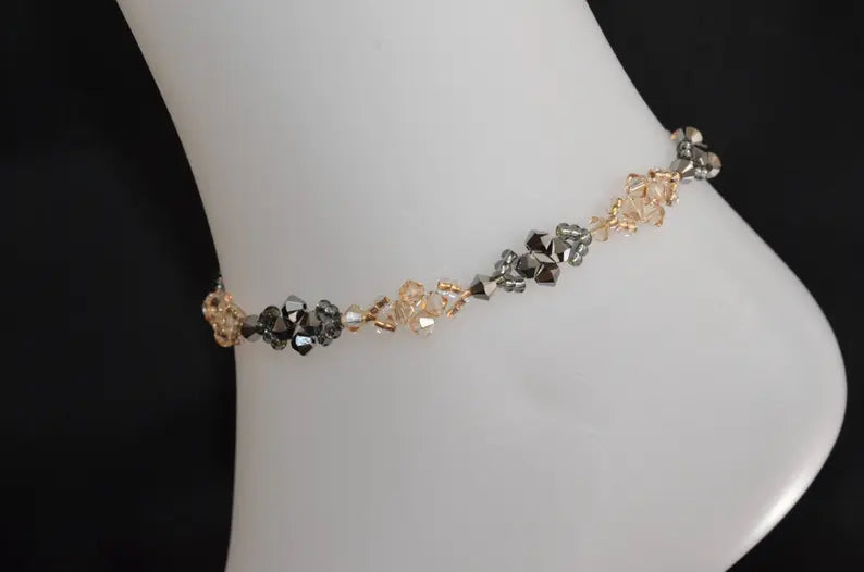 Crystal anklet, light chrome crystal 2x, golden shadow crystal, gold and silver