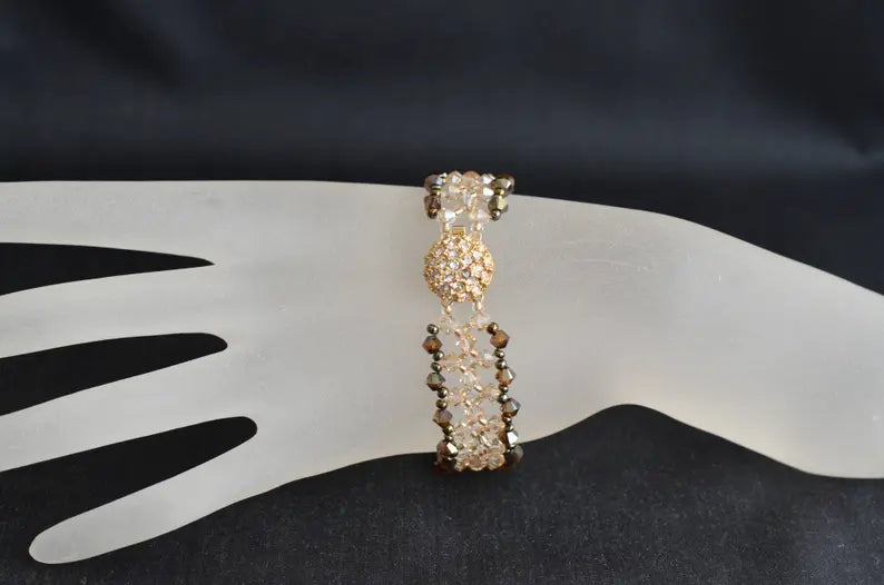Crystal bracelet, golden shadow, bronze ab2x, rhinestone clasp
