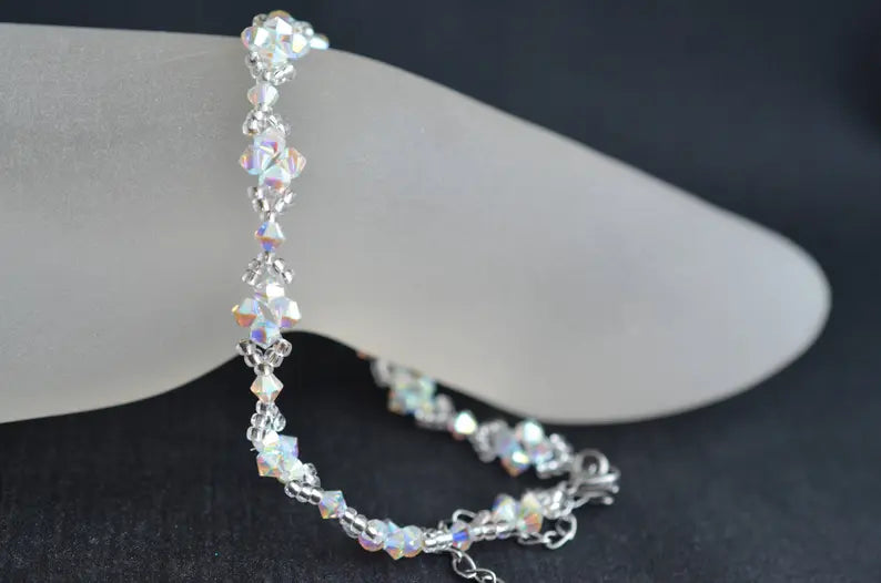 Crystal anklet, ab2x crystal, white, sparkle
