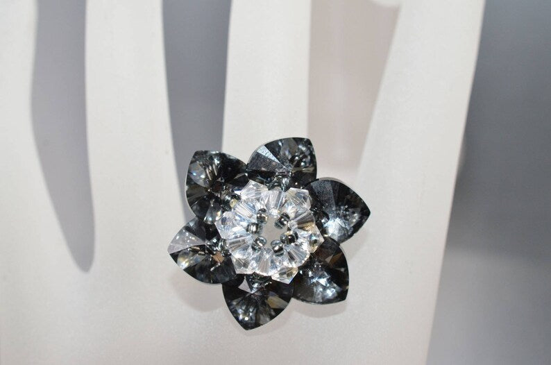 Crystal ring, crystal silver night flower, crystal moonlight
