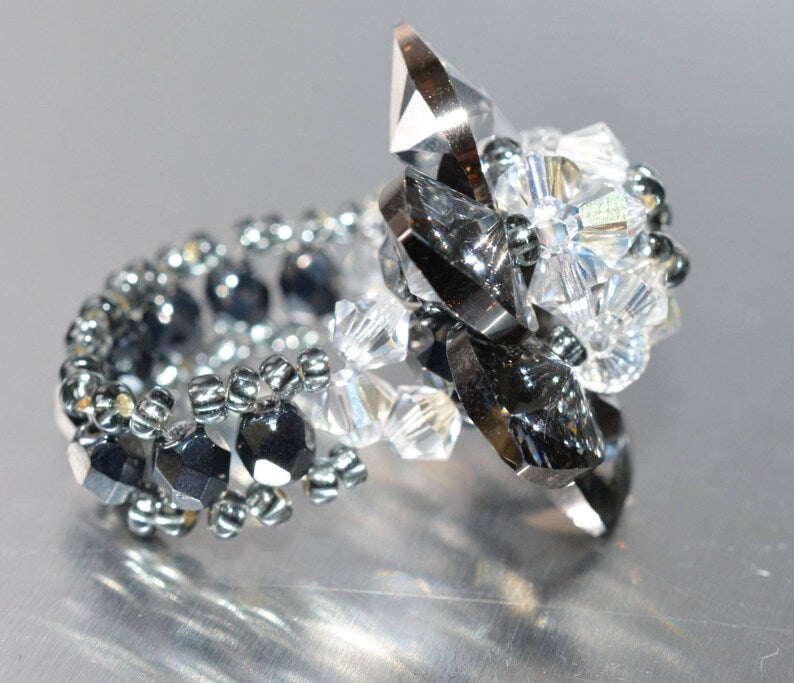 Crystal ring, crystal silver night flower, crystal moonlight