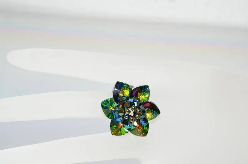 Crystal ring, flower, medium stained glass crystal