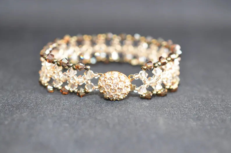 Crystal bracelet, golden shadow, bronze ab2x, rhinestone clasp