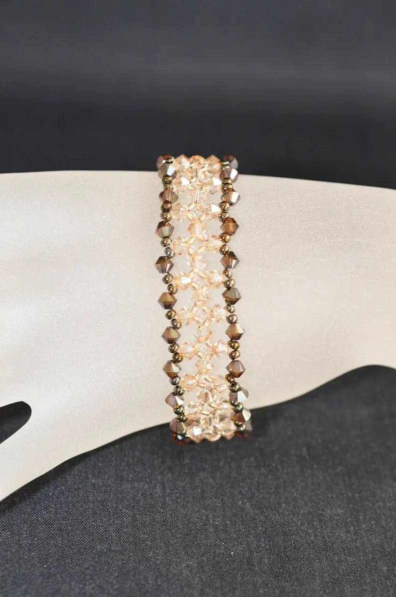 Crystal bracelet, golden shadow, bronze ab2x, rhinestone clasp
