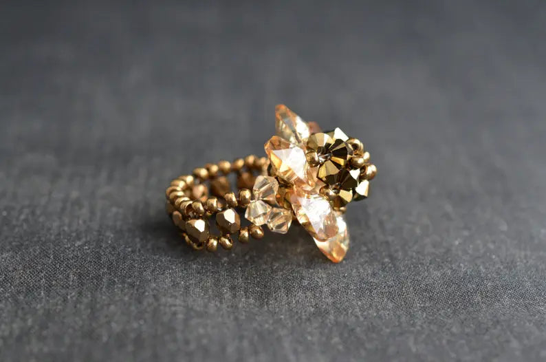 Crystal ring, flower, golden shadow, crystal, gold