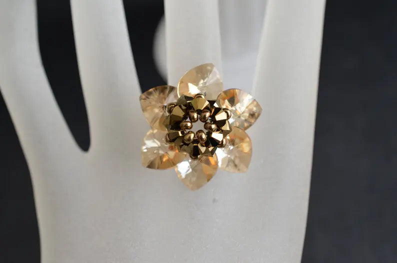 Crystal ring, flower, golden shadow, crystal, gold