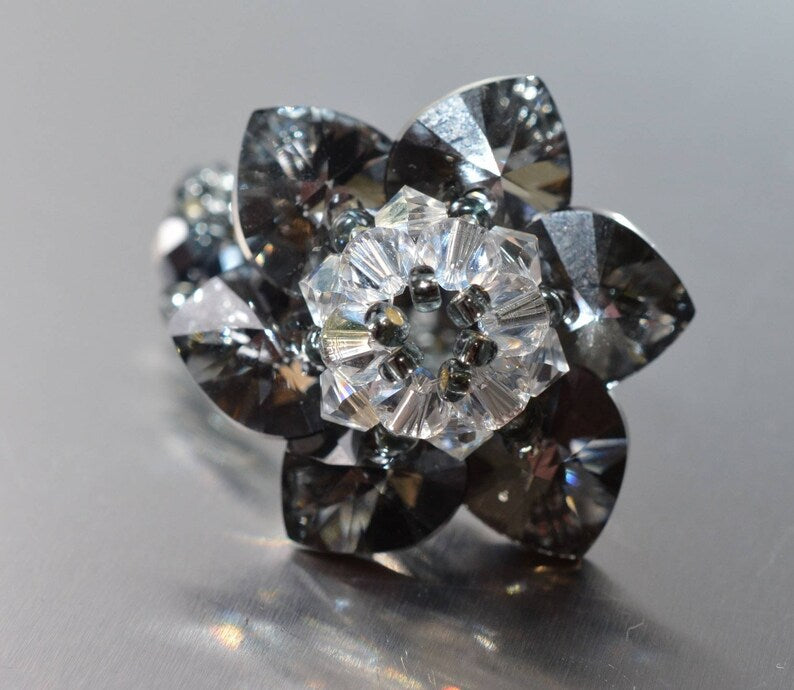 Crystal ring, crystal silver night flower, crystal moonlight