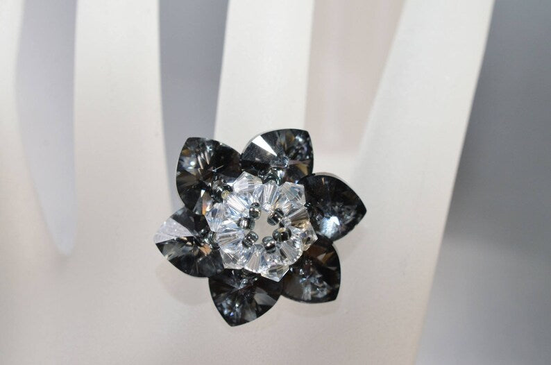 Crystal ring, crystal silver night flower, crystal moonlight