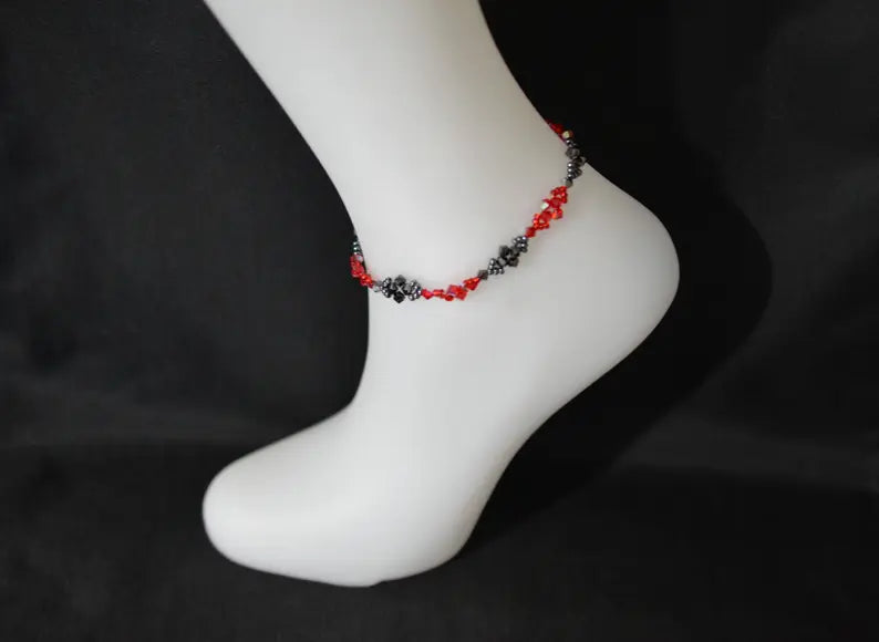 Crystal anklet, light siam, 2x hematite, red and black