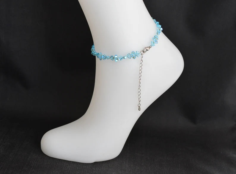 Crystal anklet, aquamarine ab2x, sparkling