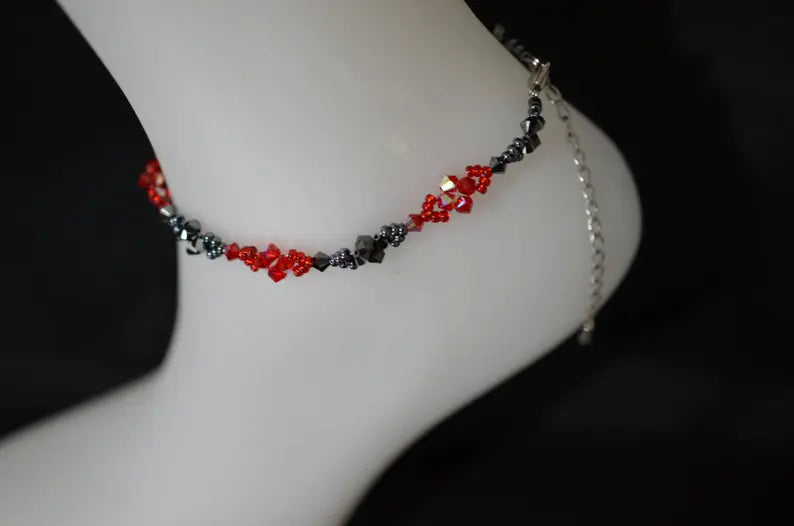Crystal anklet, light siam, 2x hematite, red and black