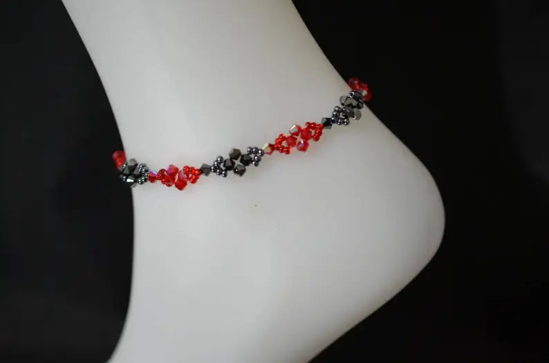 Crystal anklet, light siam, 2x hematite, red and black
