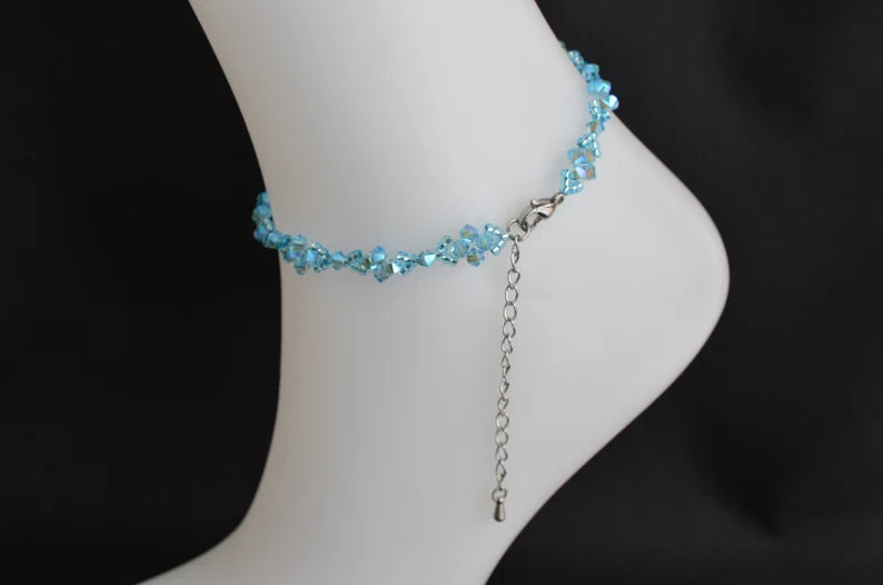 Crystal anklet, aquamarine ab2x, sparkling