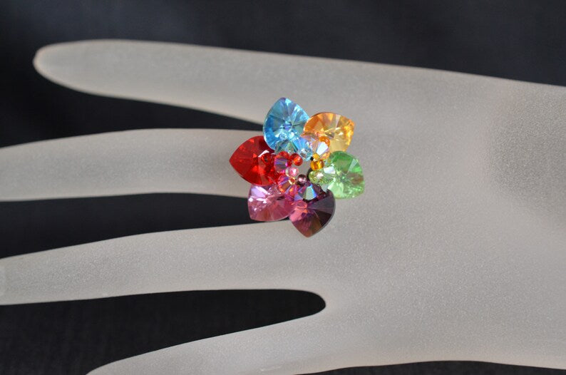 Crystal ring, women's jewelry, flower, luxury accessory, "rainbow"