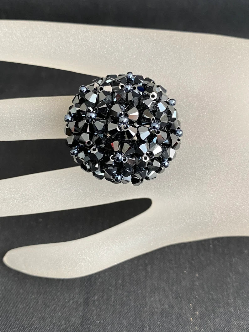 Crystal ring, ball, hematite 2x, black