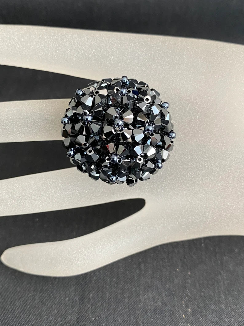 Crystal ring, ball, hematite 2x, black