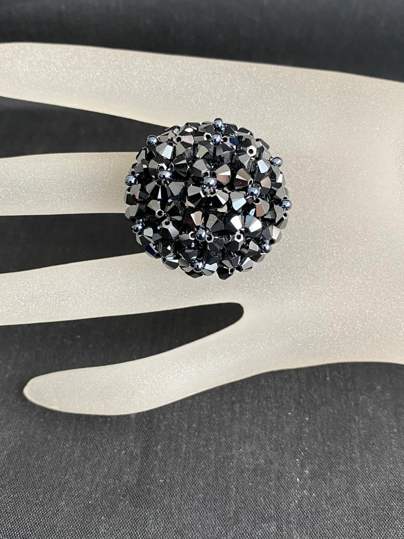 Crystal ring, ball, hematite 2x, black
