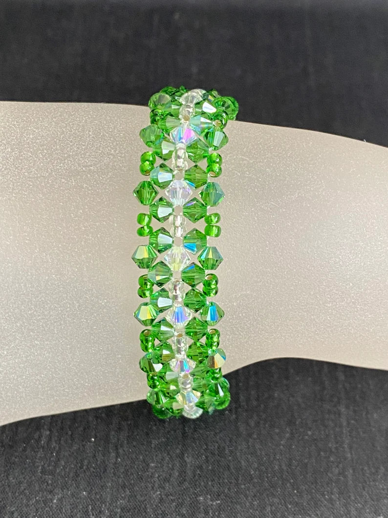 Crystal bracelet, cuff, fern green, crystal shimmer 2x
