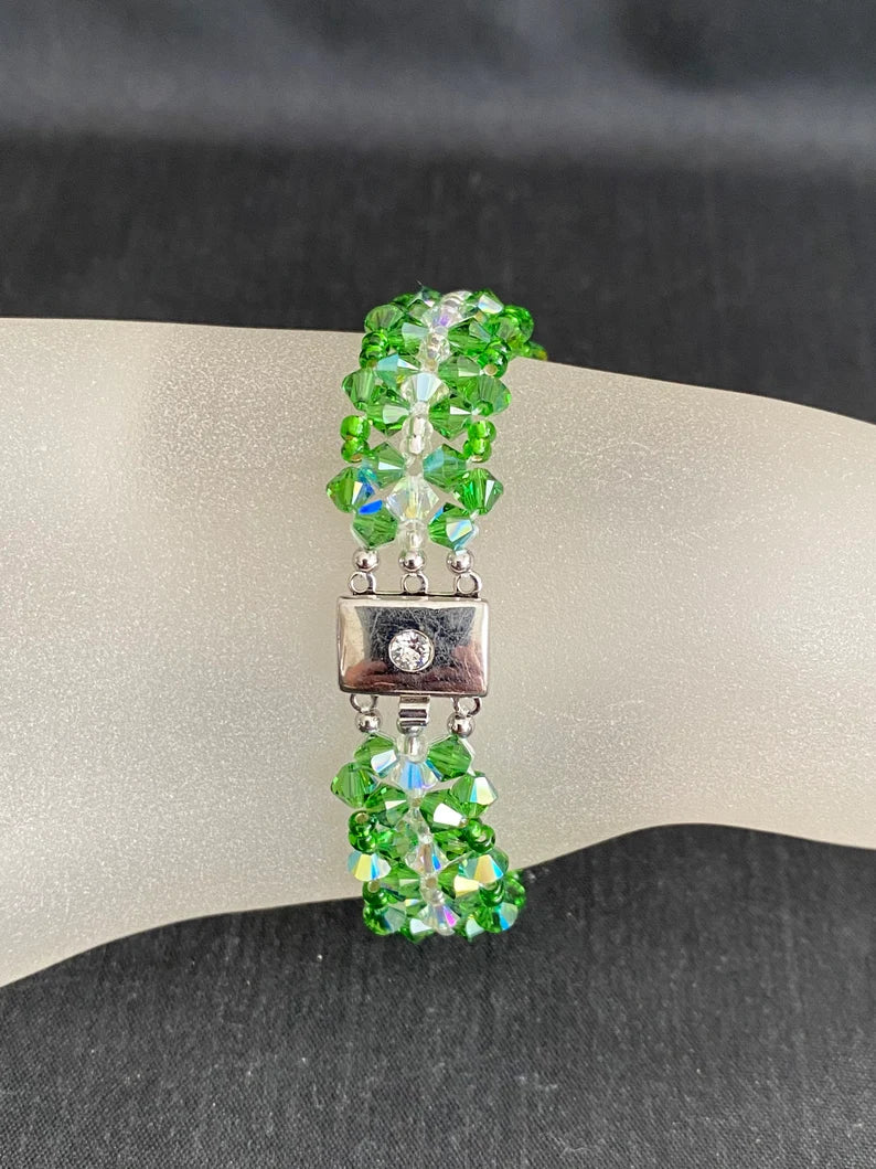 Crystal bracelet, cuff, fern green, crystal shimmer 2x
