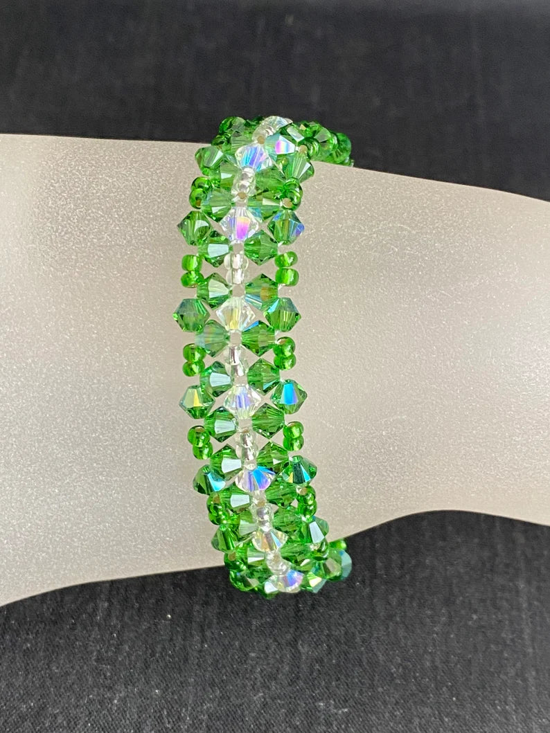 Crystal bracelet, cuff, fern green, crystal shimmer 2x