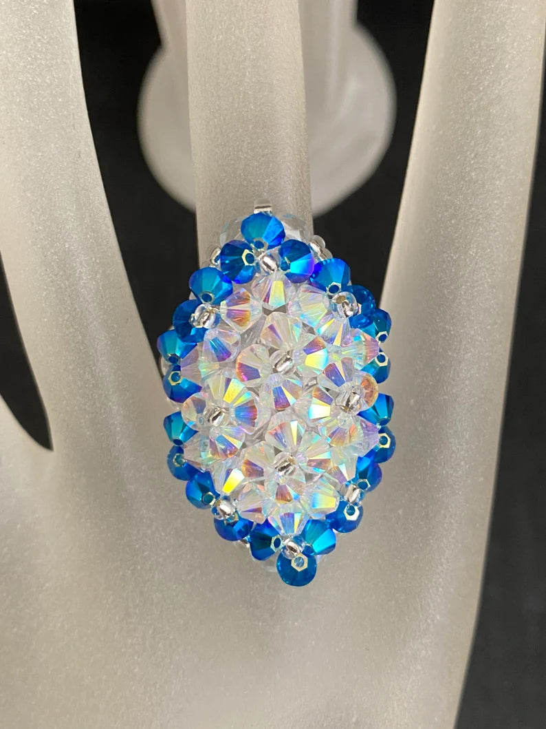 Crystal ab2x crystal ring, capri blue ab2x, marquise style