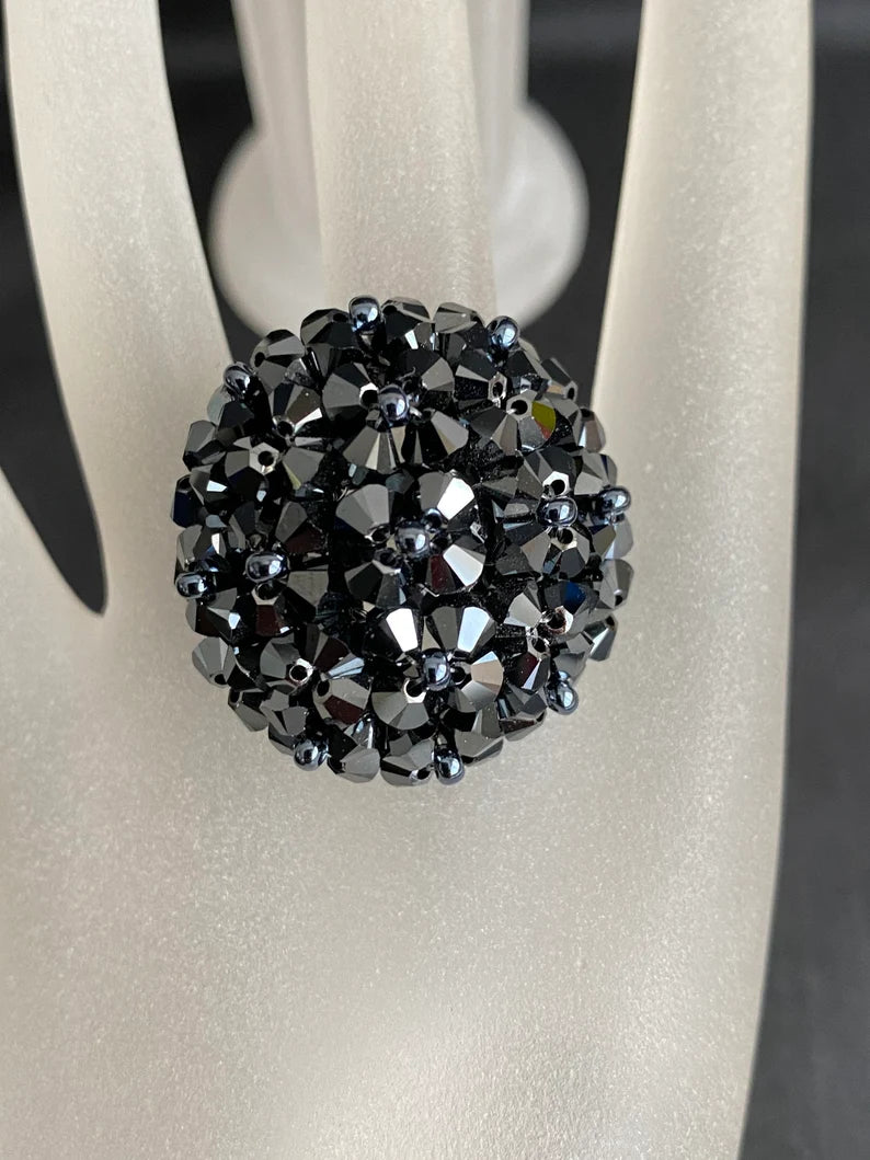 Crystal ring, ball, hematite 2x, black