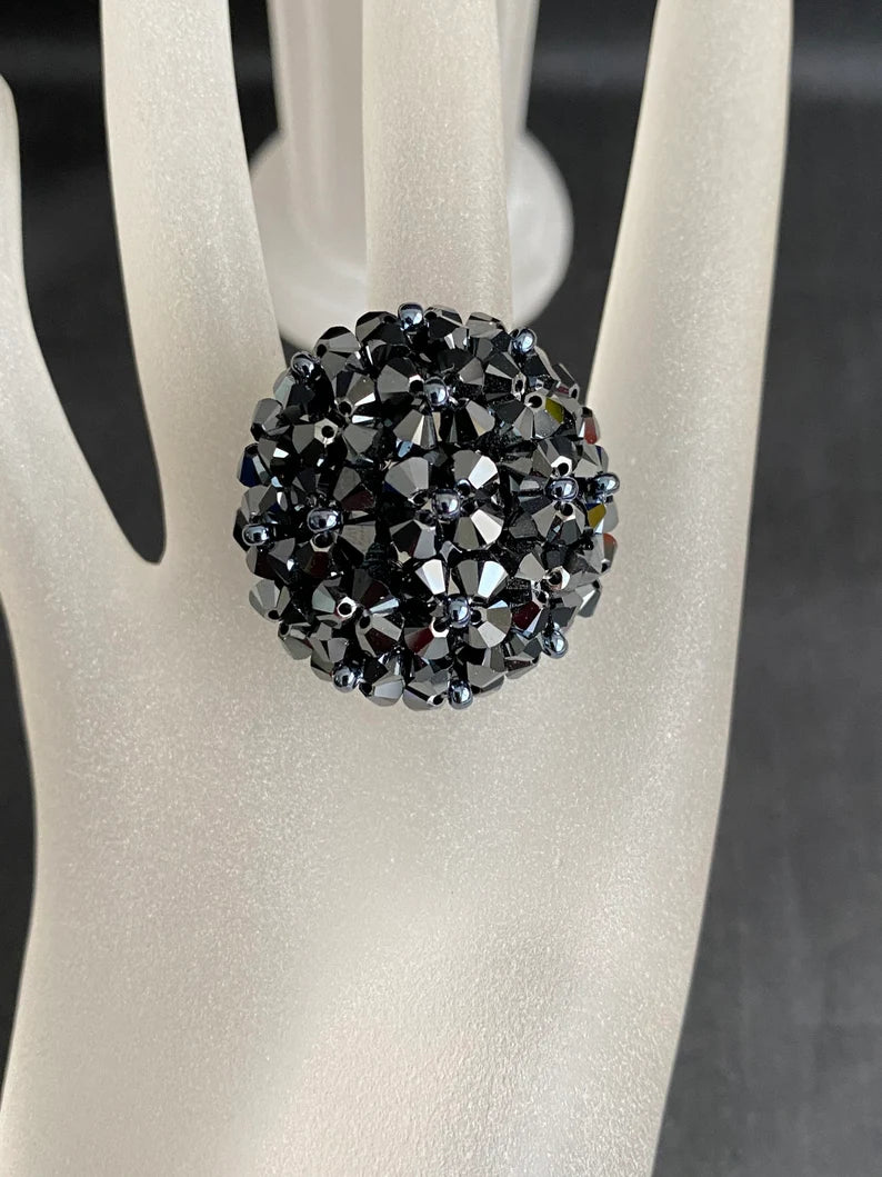 Crystal ring, ball, hematite 2x, black