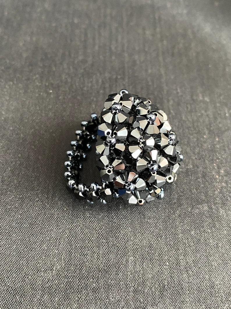 Crystal ring, ball, hematite 2x, black