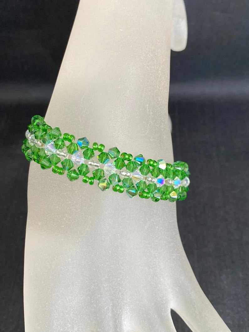 Crystal bracelet, cuff, fern green, crystal shimmer 2x