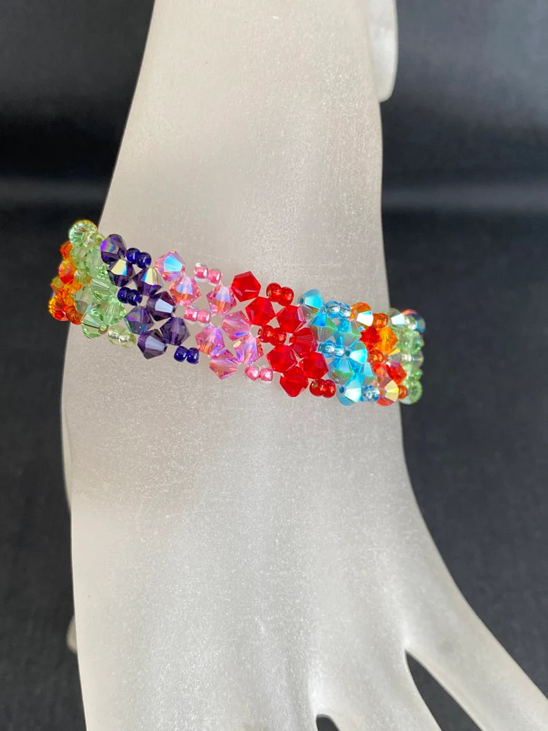 Bracelet cristal, arc-en-ciel, manchette, diagonales multicolore