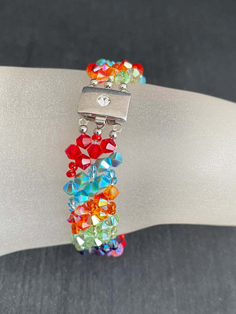 Bracelet cristal, arc-en-ciel, manchette, diagonales multicolore