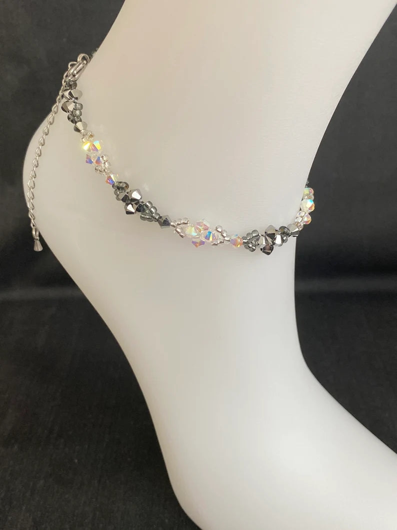 Crystal anklet, ab2x crystal, light chrome 2x, white and silver