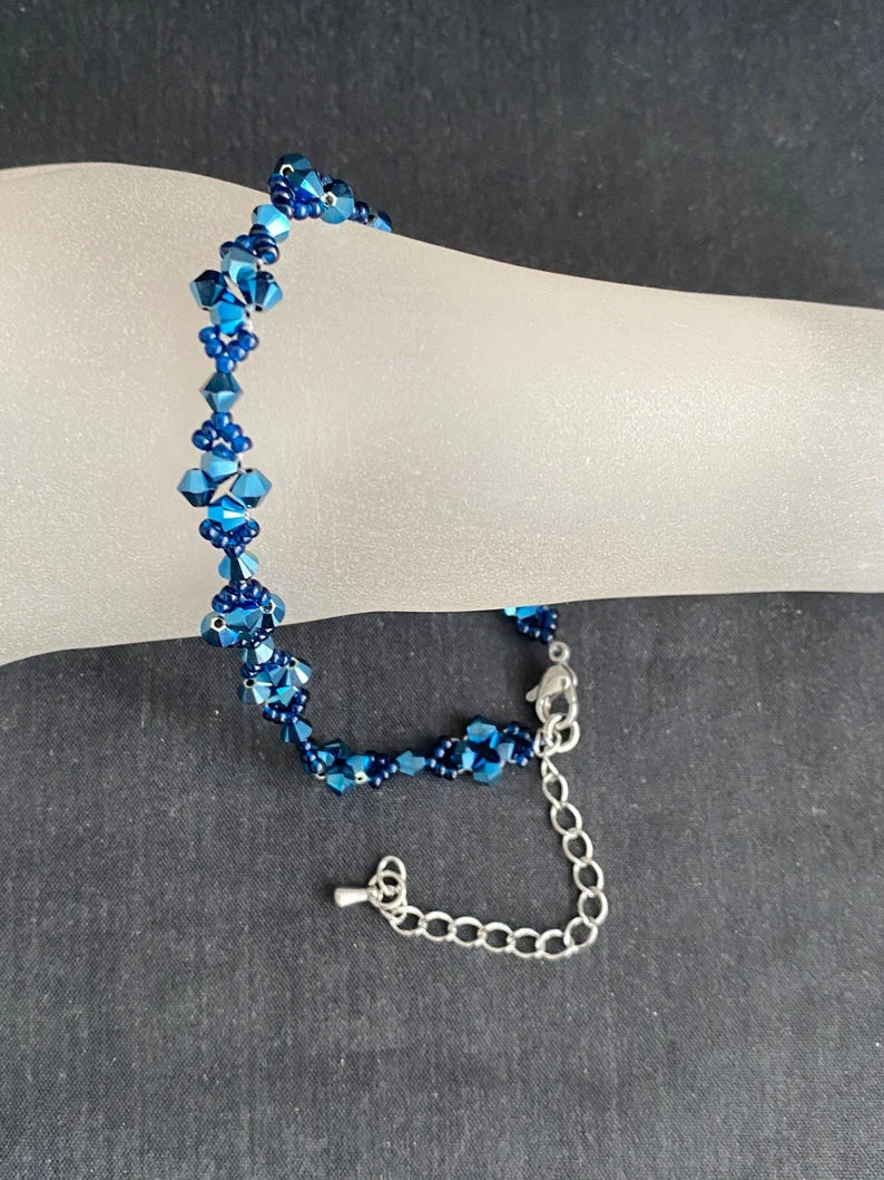 Crystal anklet, metallic blue 2x
