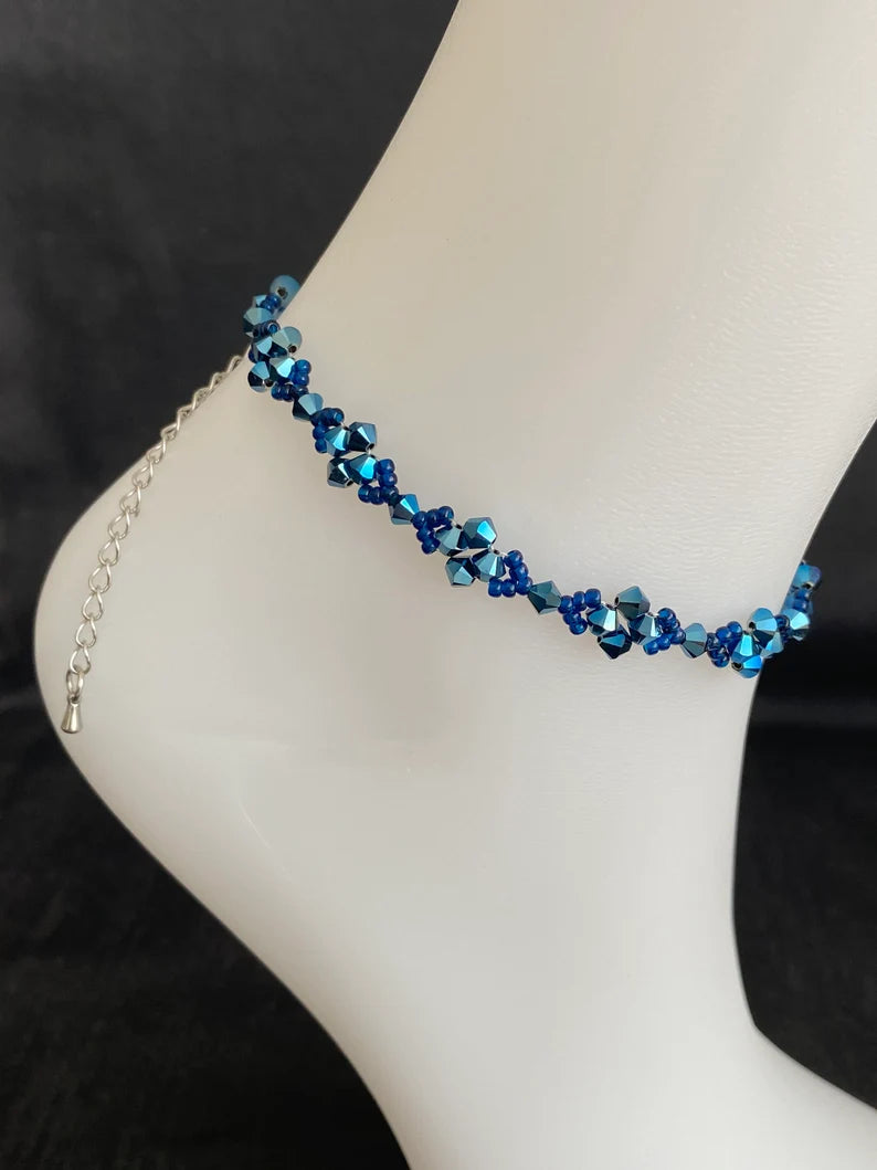 Crystal anklet, metallic blue 2x