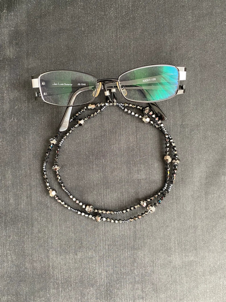 Crystal glasses cord, hematite 2x, crystal silver night