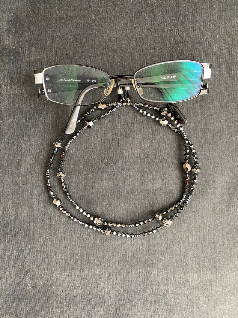 Crystal glasses cord, hematite 2x, crystal silver night
