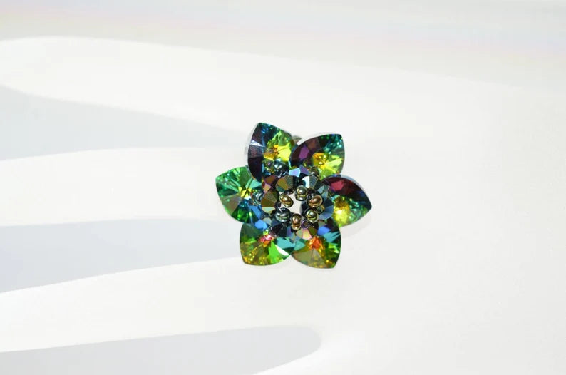 Crystal ring, flower, medium stained glass crystal