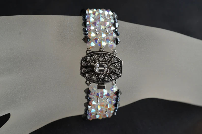 Crystal bracelet, cuff, 2x hematite, ab2x crystal