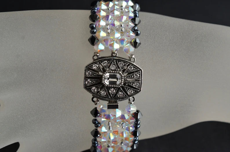 Crystal bracelet, cuff, 2x hematite, ab2x crystal