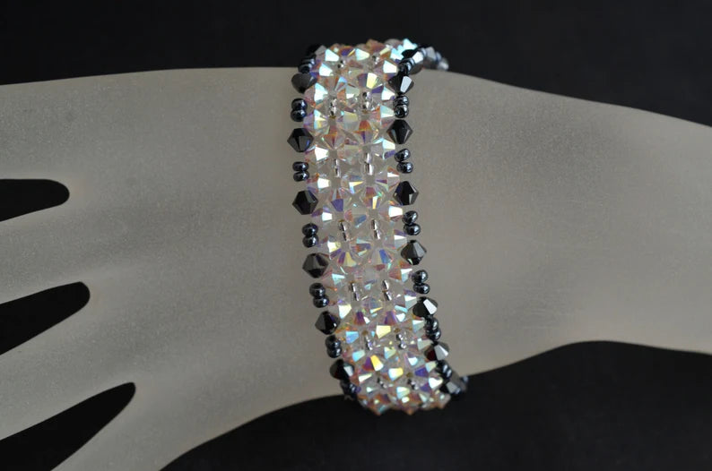 Crystal bracelet, cuff, 2x hematite, ab2x crystal